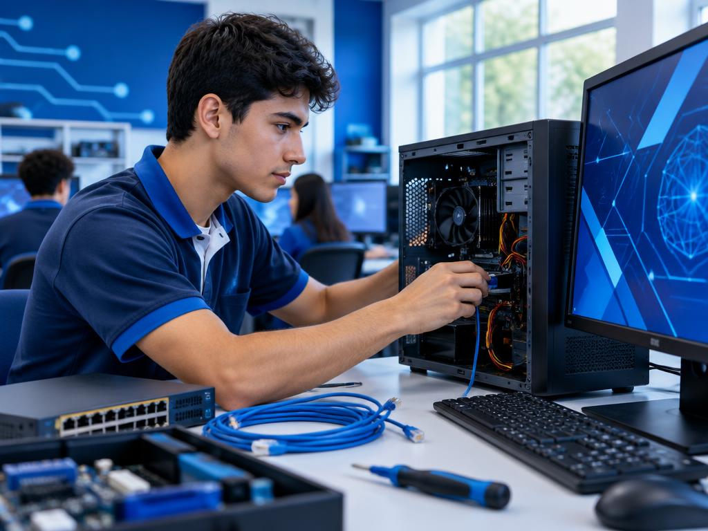 Estudante de Informática realizando manutenção em computador