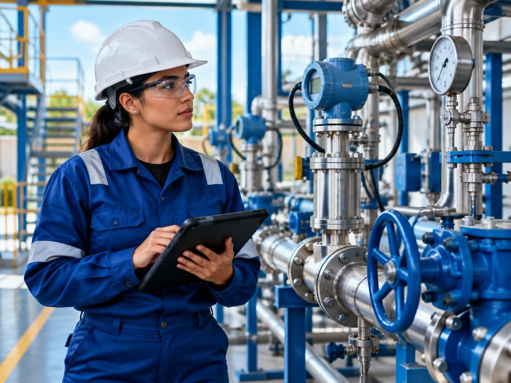 Técnica em Petróleo e Gás inspecionando tubulações industriais