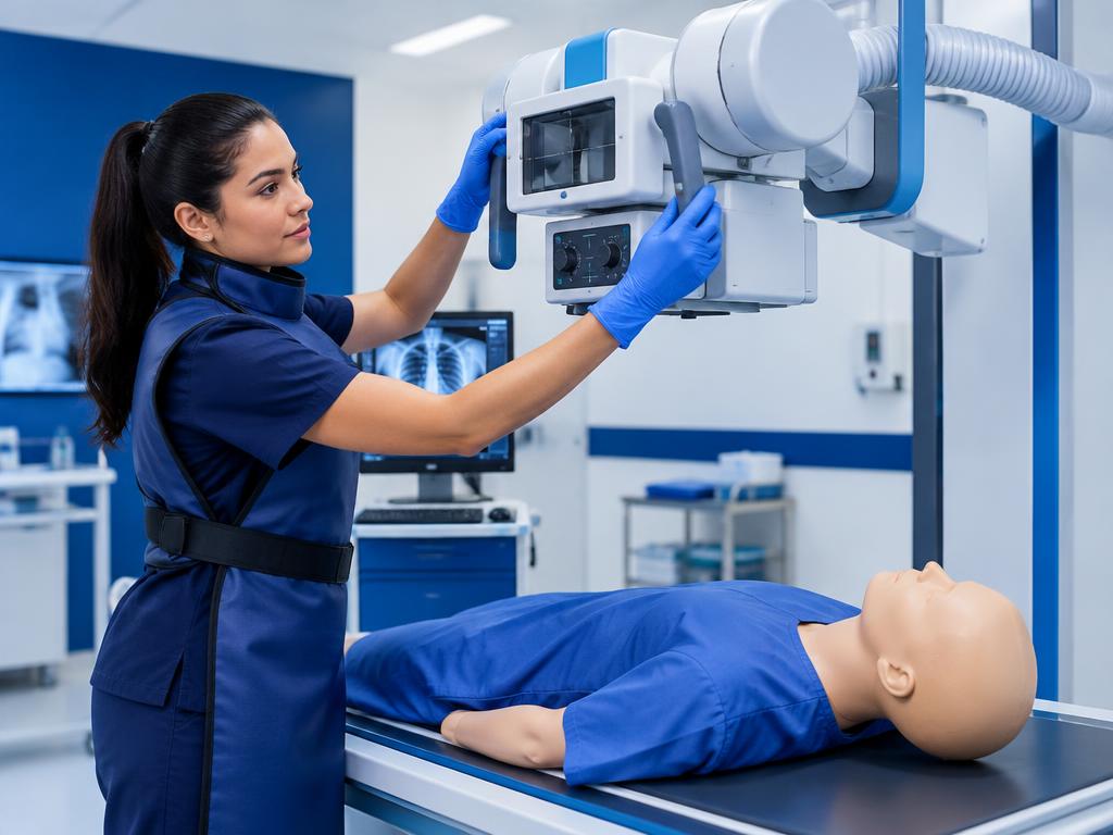 Estudante de Radiologia operando equipamento de raio-X em laboratório