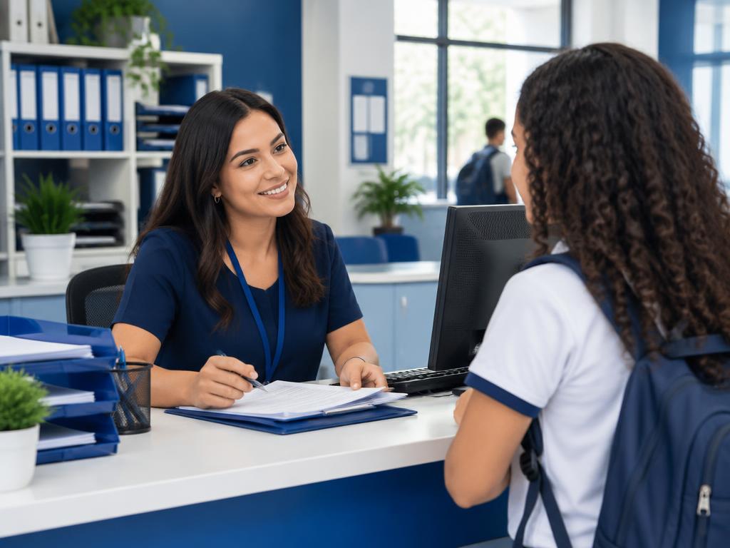 Profissional de Secretaria Escolar atendendo uma estudante