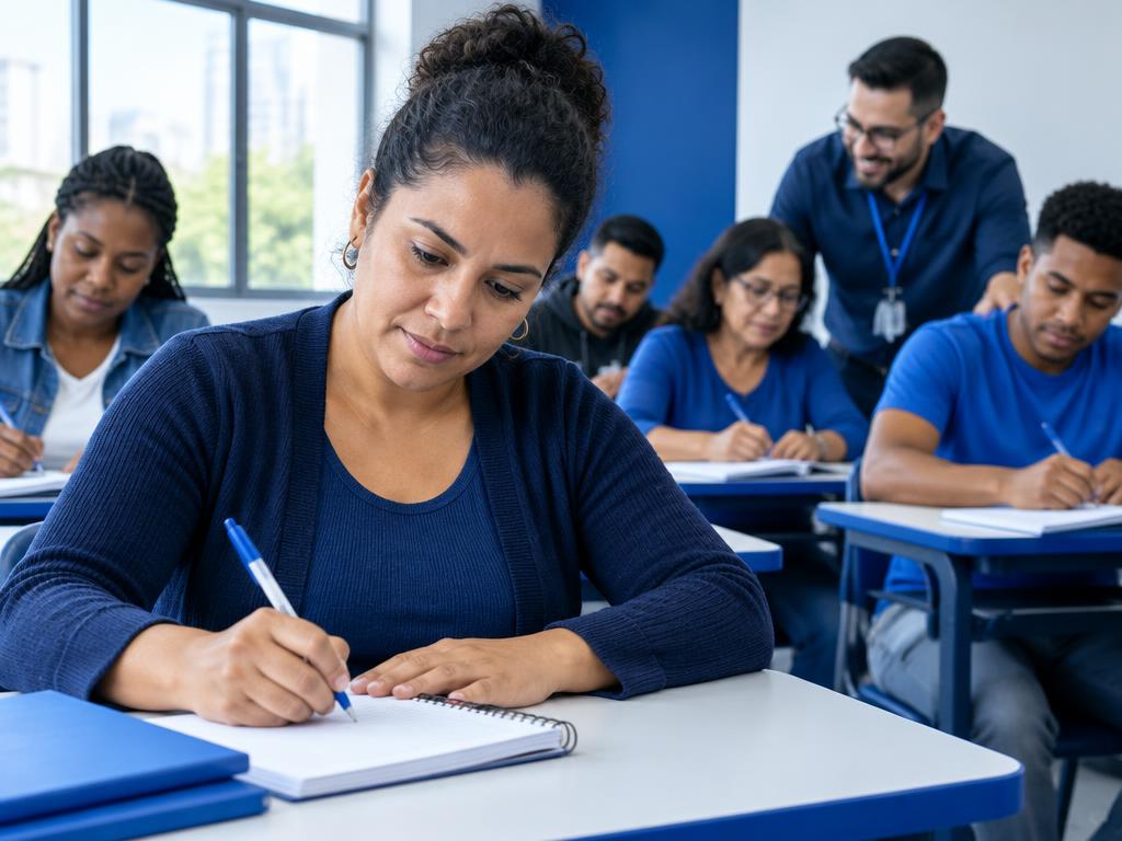 Estudantes adultos em uma sala de aula do Supletivo