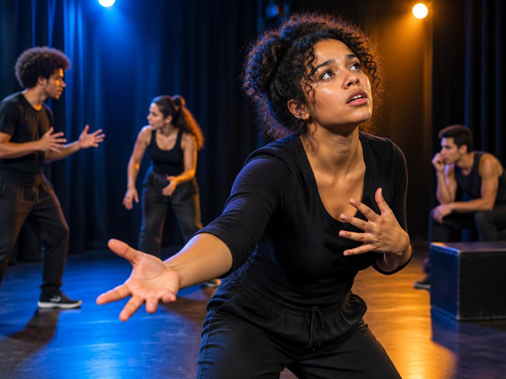 Estudantes de Teatro durante uma aula de interpretação no palco