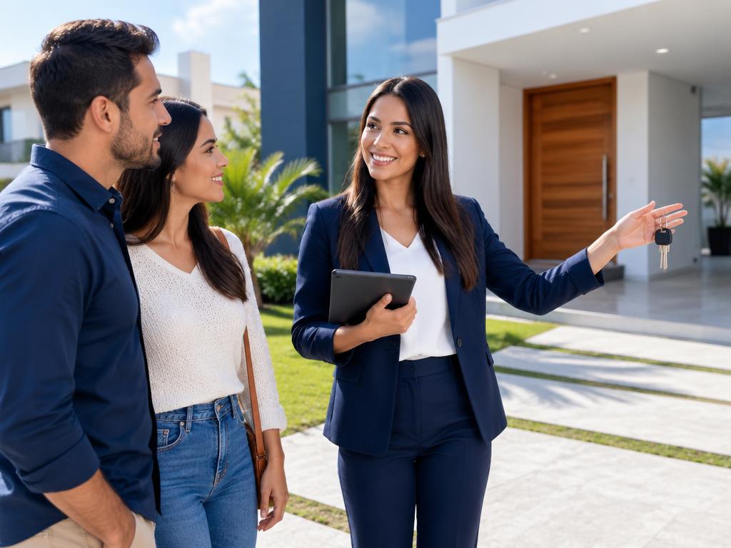 Corretora apresentando um imóvel residencial a um casal